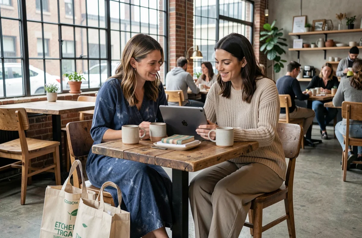 Deux femmes découvrant ensemble des marques de mode et déco éthiques sur une tablette dans un café urbain