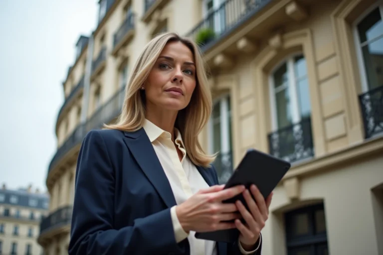 Agent immobilier professionnelle tenant une tablette avec des annonces devant un immeuble haussmannien à Paris