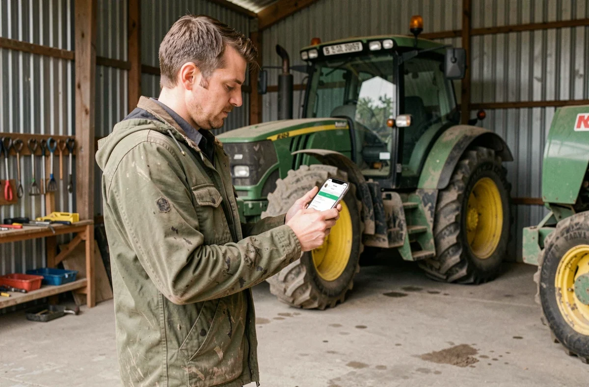 Jeune agriculteur comparant des équipements agricoles sur une application mobile dans un hangar à tracteurs