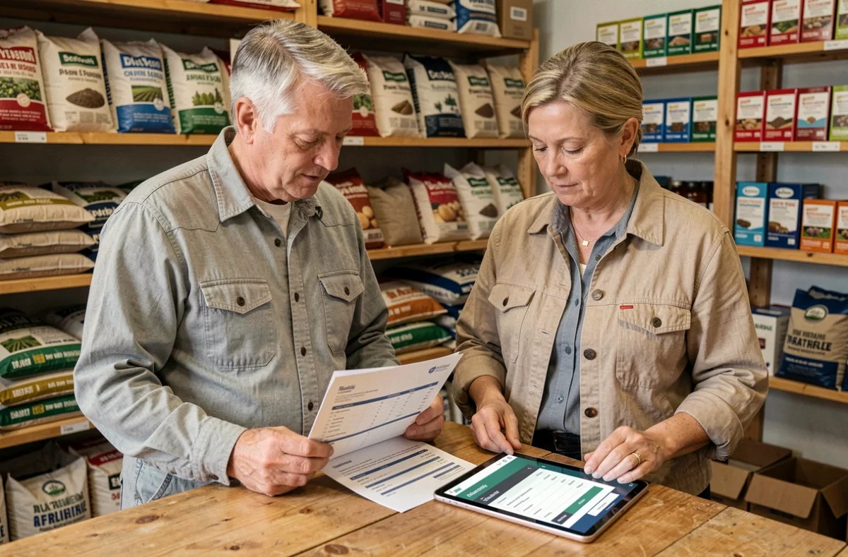 Deux agriculteurs en train de valider une commande groupée sur une plateforme d'achat agricole en ligne dans une coopérative rurale