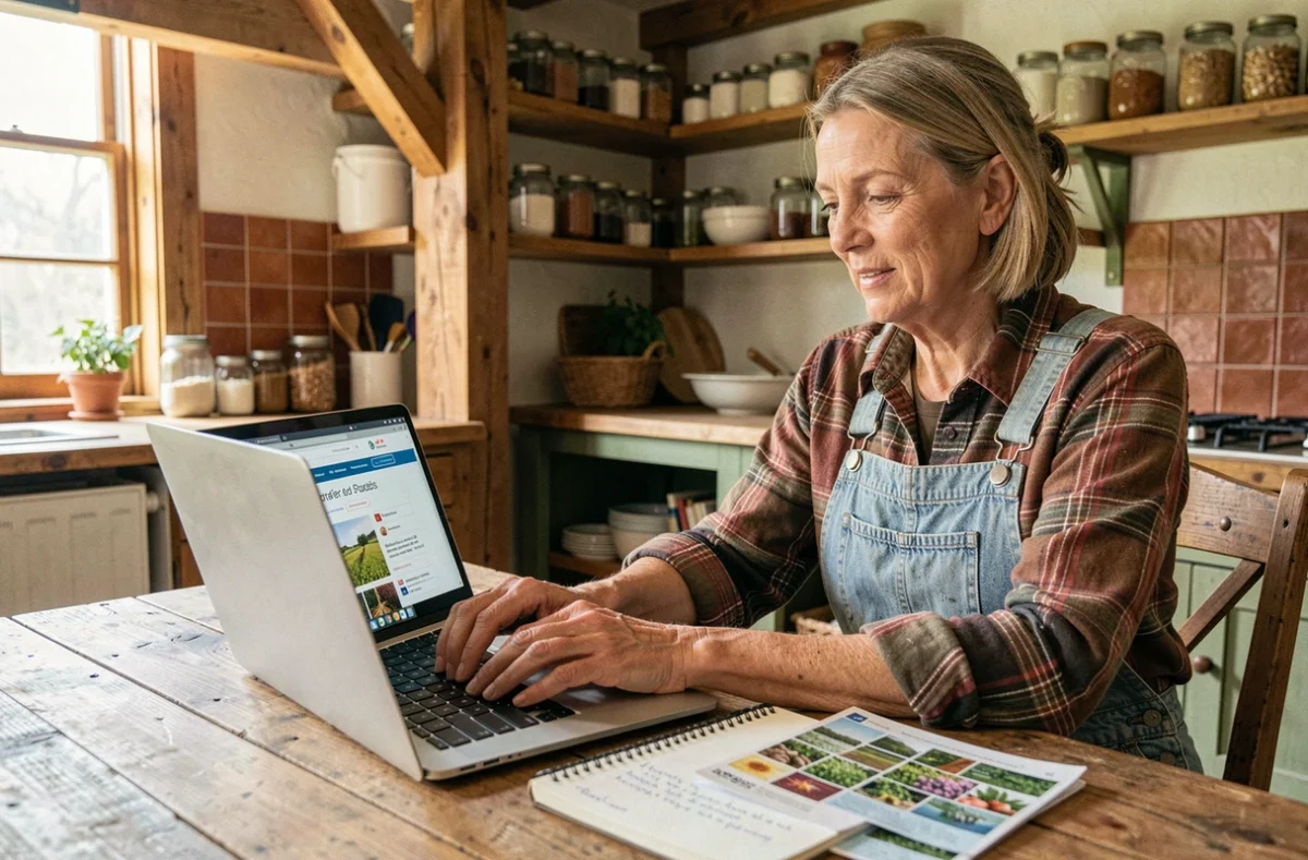 Agricultrice d'une quarantaine d'années consultant un site d'achats agricoles en ligne sur son ordinateur portable dans une cuisine de ferme rustique