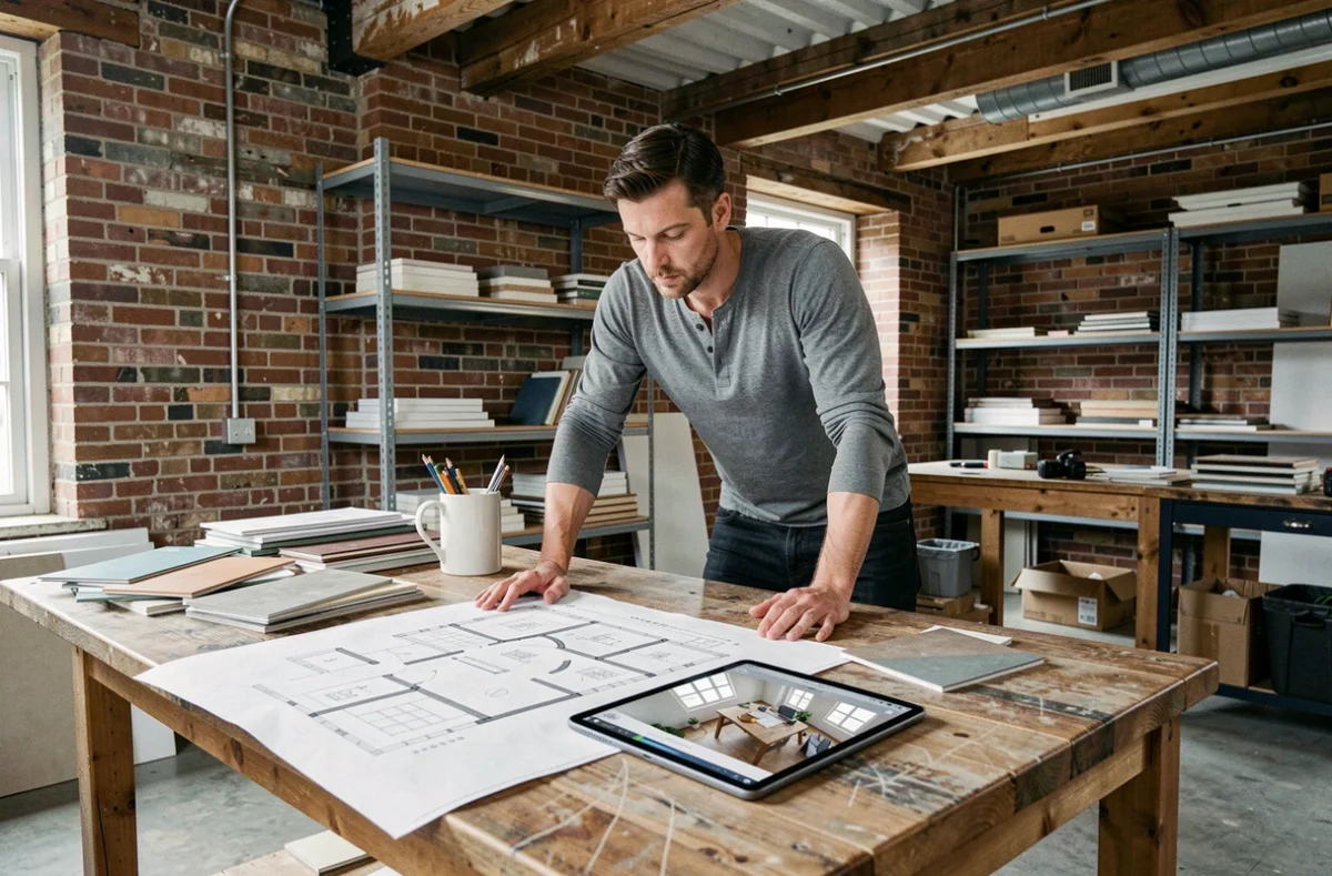Architecte d'intérieur masculin travaillant sur des plans de rénovation maison dans un atelier loft