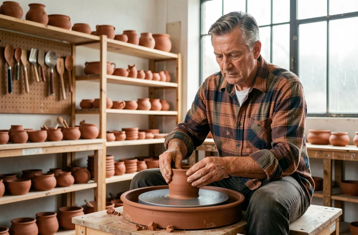 Homme pratiquant la poterie dans un atelier artisanal local, activité créative accessible près de chez soi
