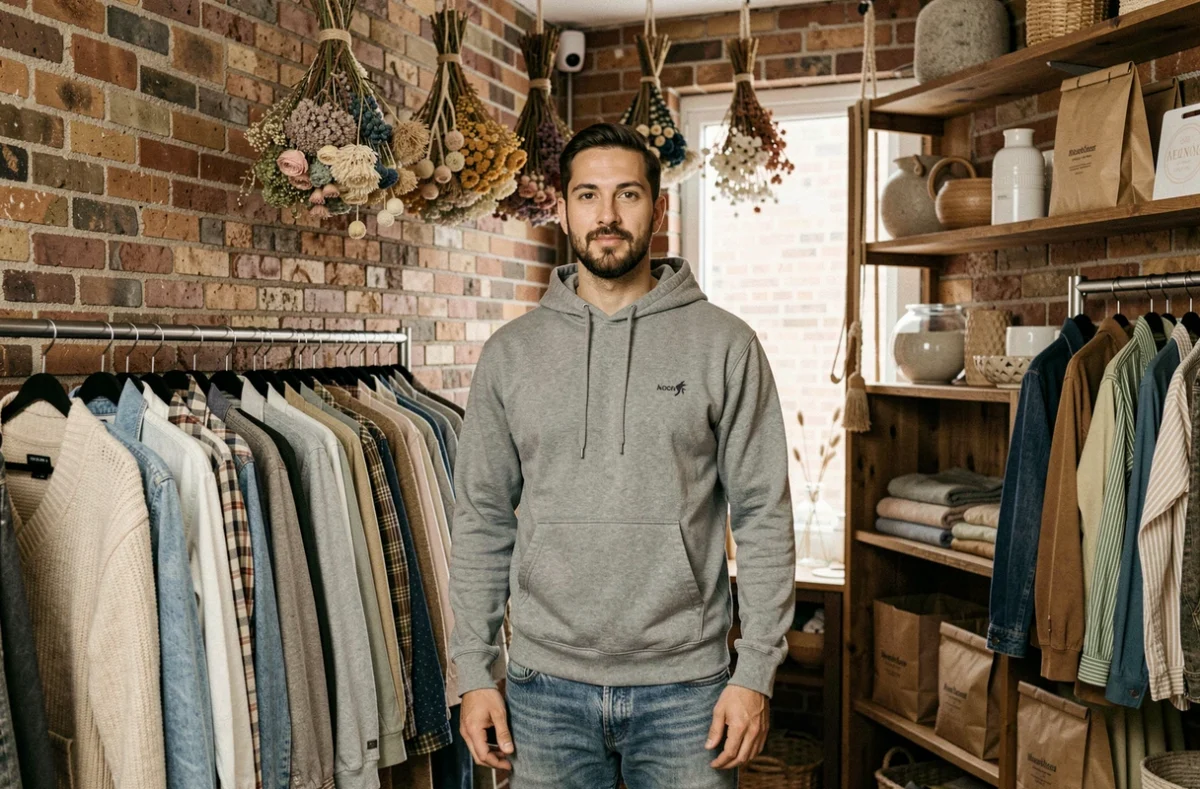 Homme choisissant des vêtements éthiques dans une boutique de mode durable avec décoration artisanale