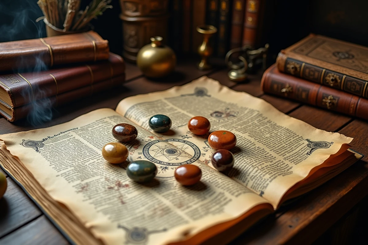 Bureau d'études ésotériques avec manuscrits anciens, cartes célestes et sept pierres polies disposées en cercle représentant les mondes spirituels
