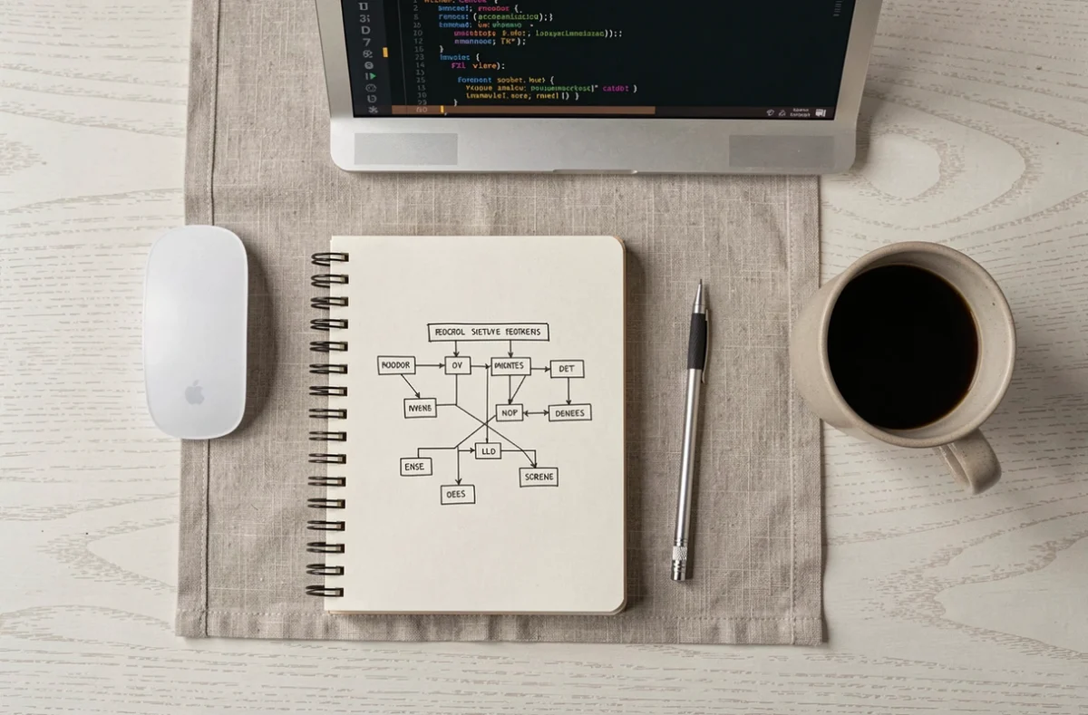 Vue de dessus d'un bureau minimaliste avec un carnet de sitemap dessiné à la main et un code XML ouvert sur ordinateur