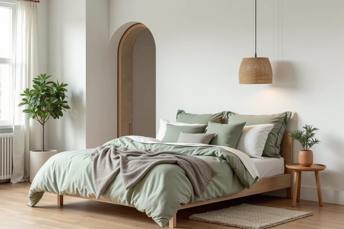 Chambre scandinave apaisante avec literie en lin, plante verte et ambiance hygge naturelle et minimaliste