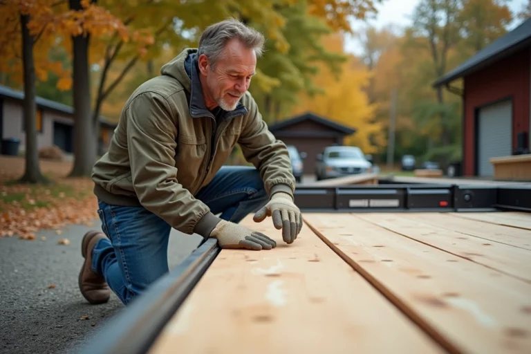 Charpentier vérifiant une planche de plywood marin en extérieur