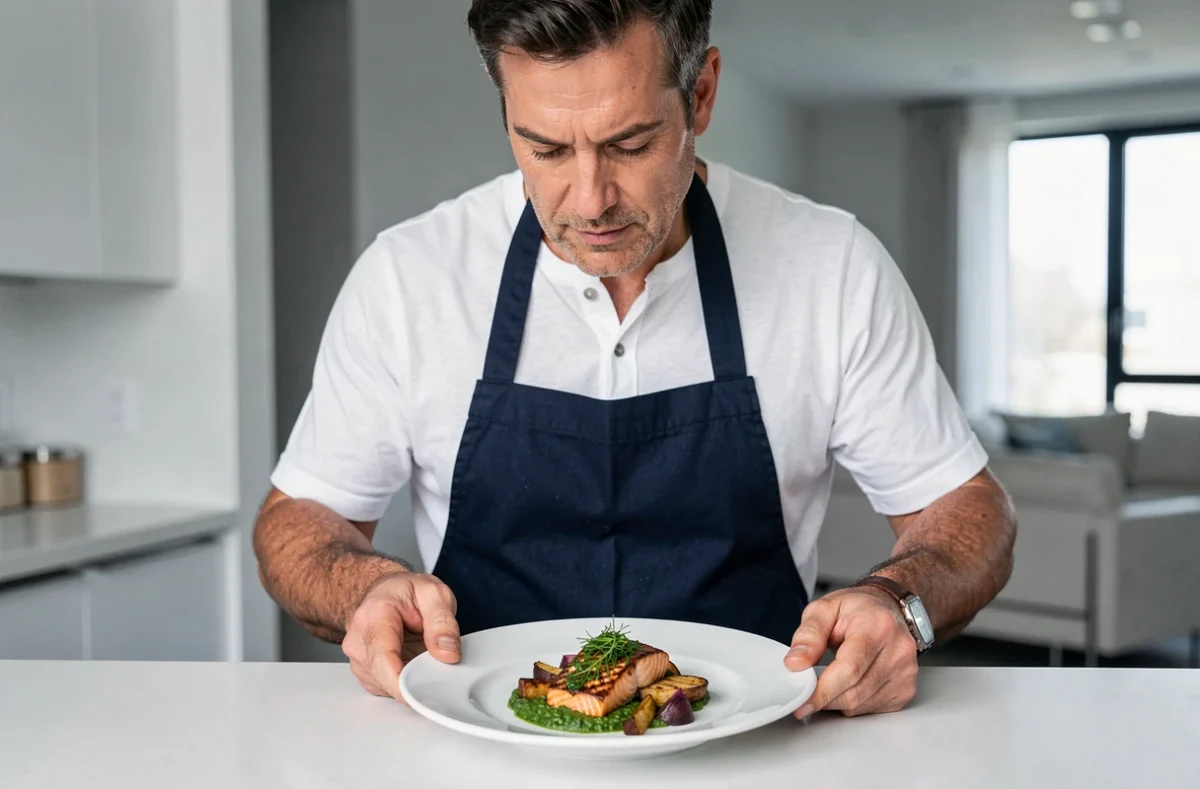 Homme dressant une assiette de saumon rôti avec sauce aux herbes dans une cuisine moderne et épurée