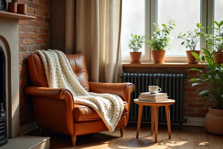 Coin lecture cosy avec fauteuil en cuir, plaid en laine et étagère en bois dans un appartement chaleureux à murs en briques
