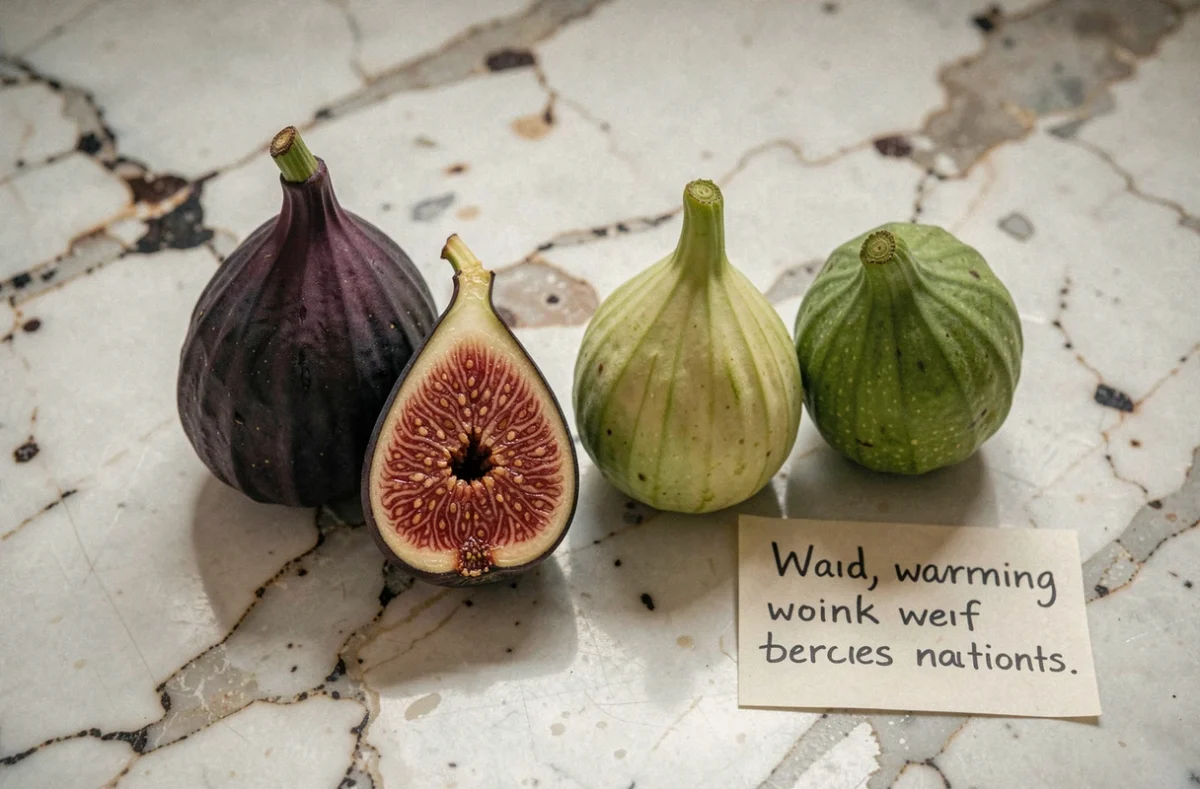 Comparaison entre une figue mûre et des figues non mûres sur un comptoir en marbre avec étiquette d'avertissement