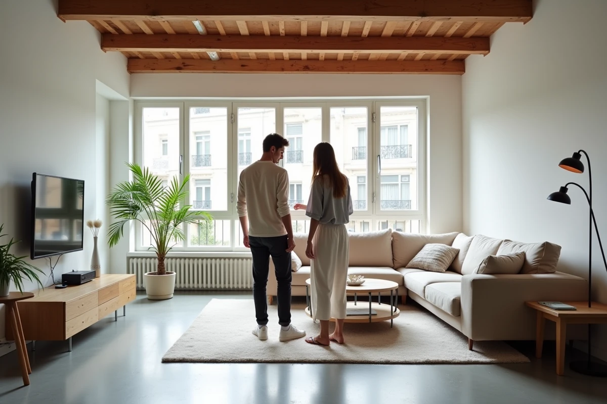 Couple visitant un appartement contemporain avec sol en béton et poutres apparentes à Lyon