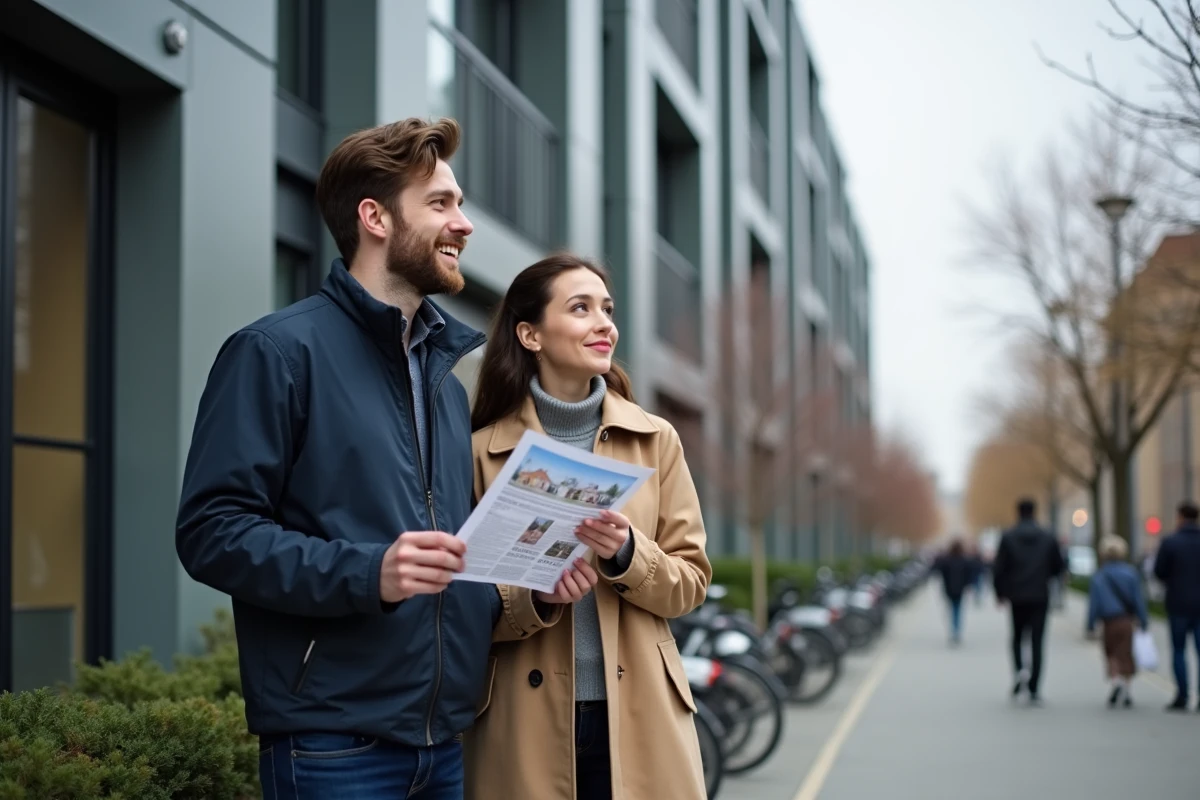 Couple de jeunes adultes visitant un appartement à louer en ville grâce à une plateforme immobilière