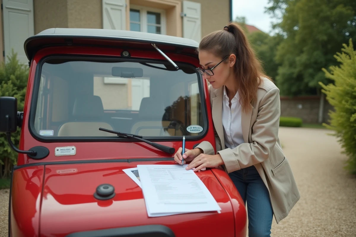 Femme consultant des documents administratifs sur le capot d'un tuk tuk dans une allée résidentielle française