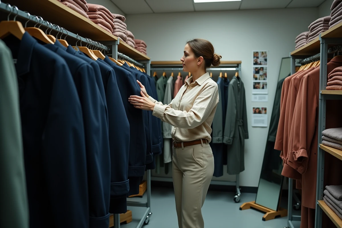 Responsable costumes sélectionnant des tenues sur un portant dans le département wardrobe d'une chaîne de télévision française