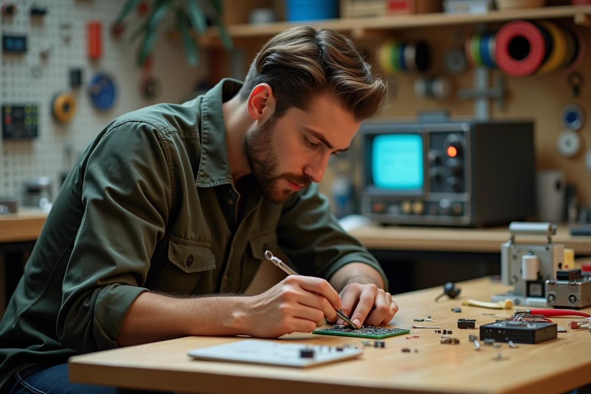 Homme développeur assemblant un prototype de circuit imprimé dans un atelier maker avec outils électroniques