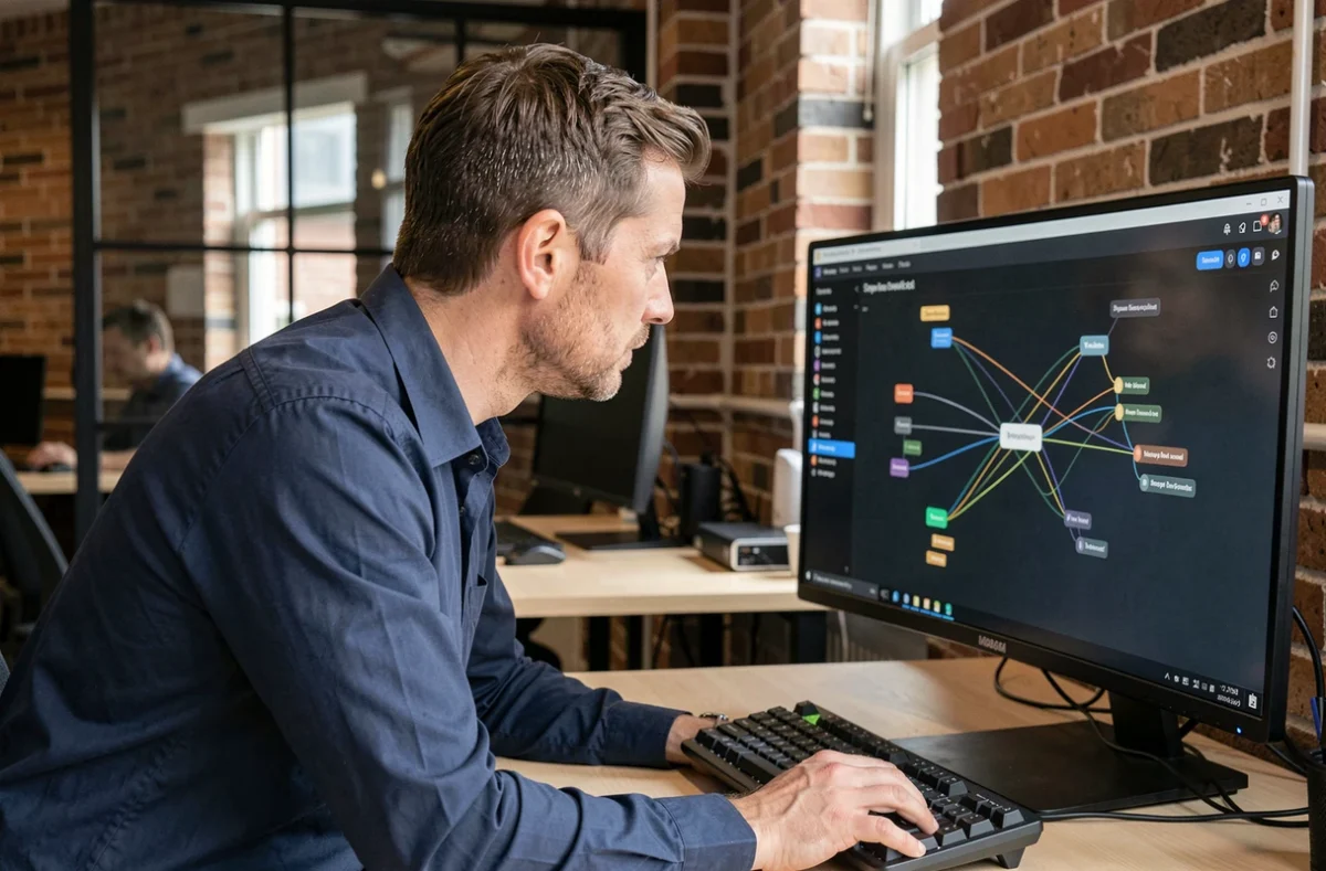 Développeur web consultant un tableau de sitemap hiérarchique sur écran dans un espace de coworking