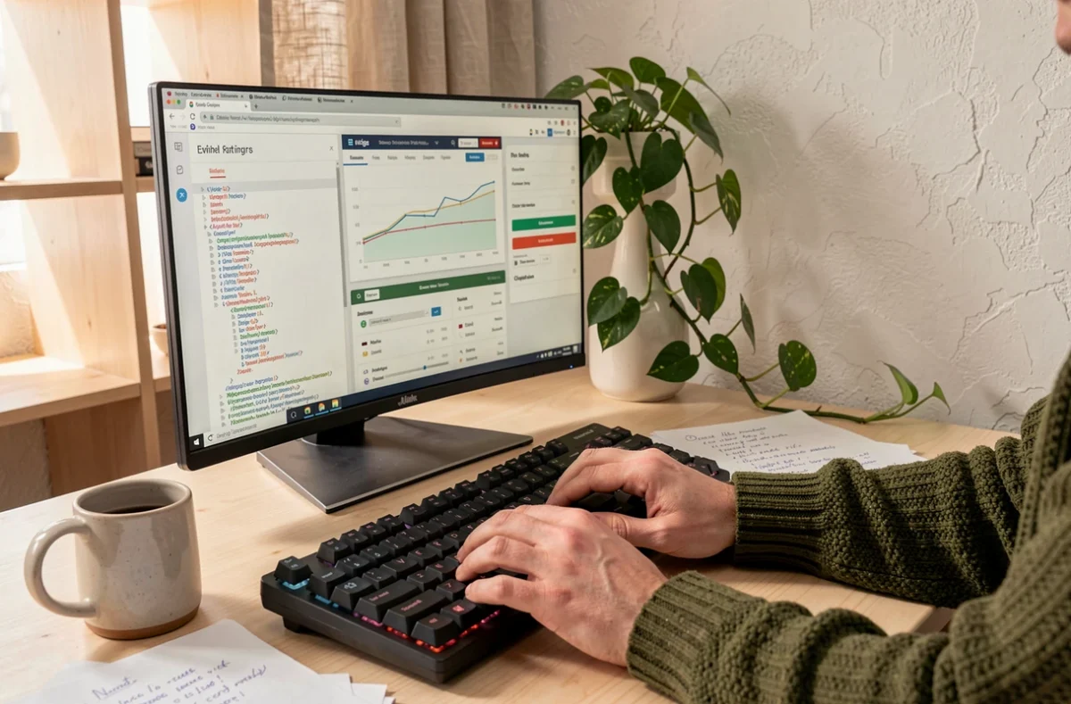 Mains de développeur travaillant sur un fichier sitemap XML et un tableau de bord d'analyse SEO depuis un bureau à domicile