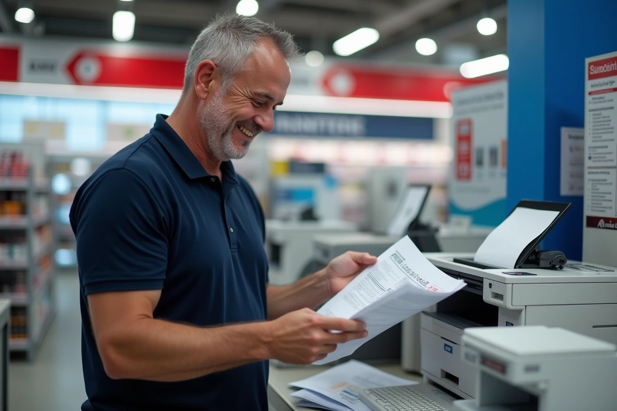 Homme tenant un document imprimé à l'espace impression d'un magasin Leclerc