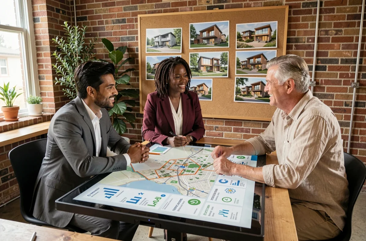 Équipe de professionnels analysant des projets de logements durables et éthiques sur une table interactive