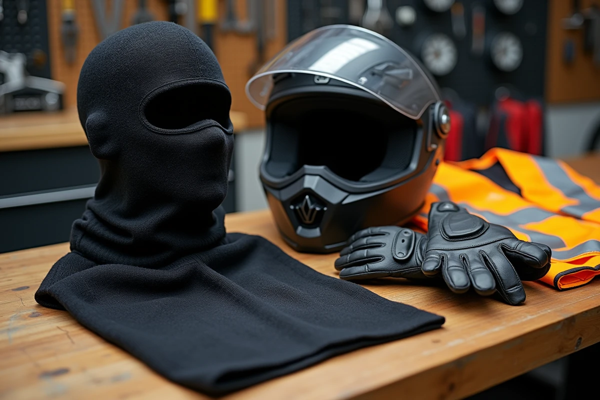 Équipement moto avec cagoule, casque modulable et gants disposés sur un établi de garage
