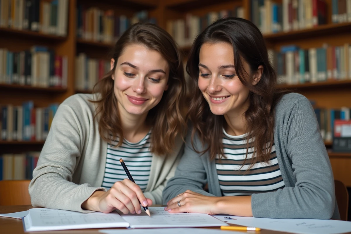 Deux femmes étudiant ensemble la grammaire française à une table de bibliothèque avec des exercices écrits