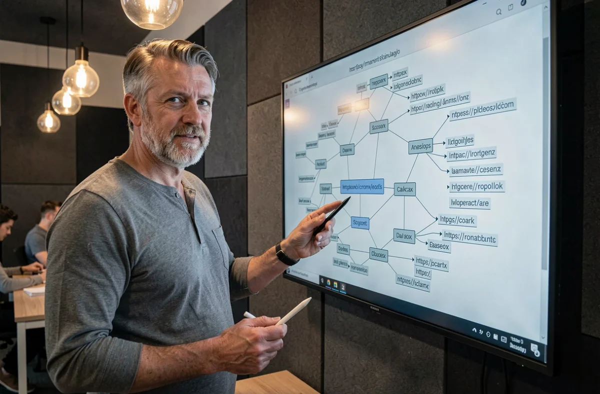 Expert en référencement naturel présentant un sitemap XML structuré sur grand écran dans un espace coworking