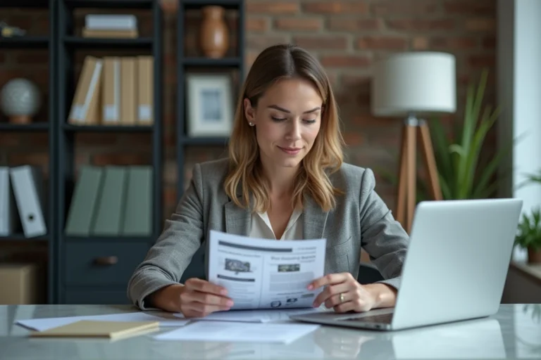 Femme d'affaires examine des documents officiels dans un bureau moderne