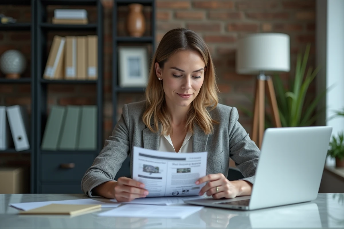 Femme d'affaires examine des documents officiels dans un bureau moderne