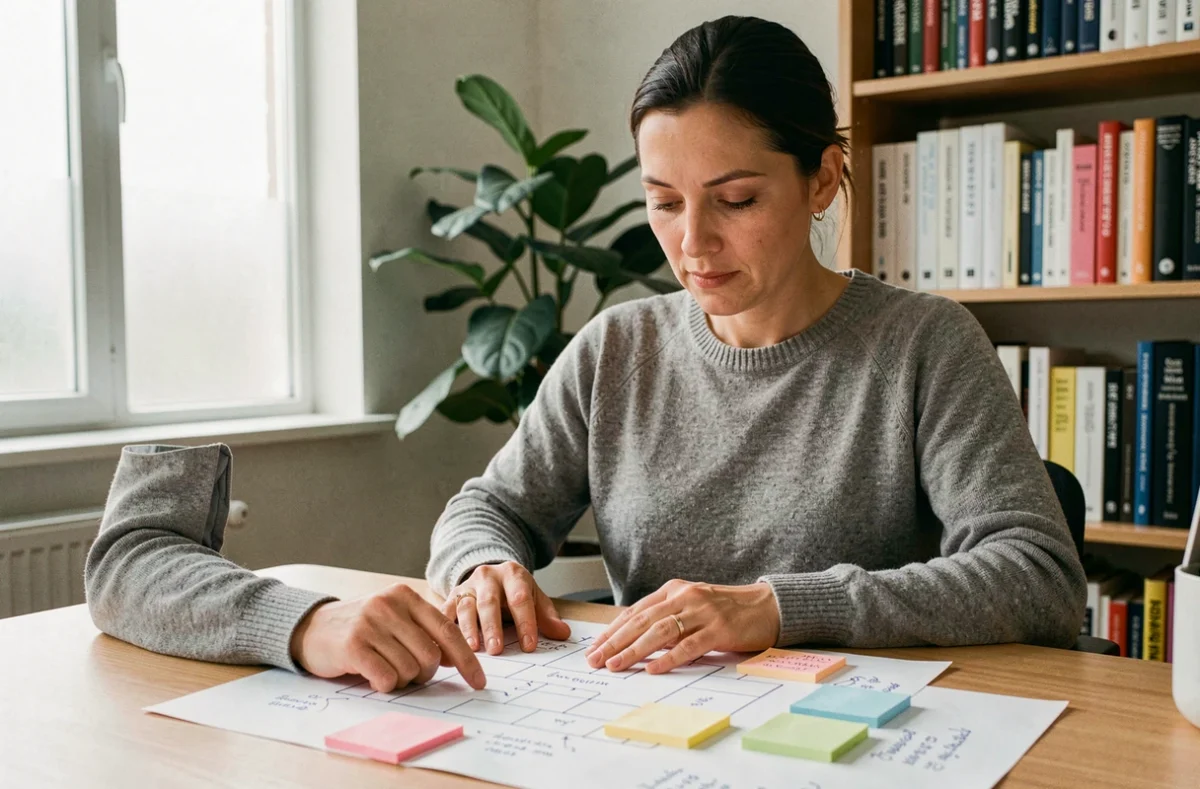 Femme analysant un plan de sitemap annoté à son bureau pour optimiser la navigation d'un blog