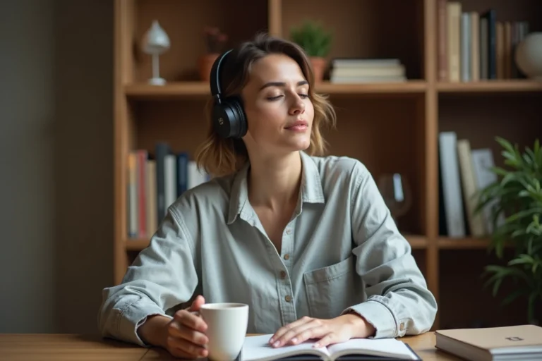 Femme portant un casque audio pratiquant la compréhension orale en français à son bureau avec un cahier de notes