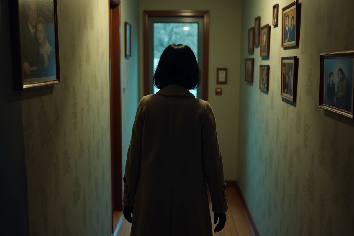 Jeune femme dans un couloir d appartement regarde une porte entrouverte