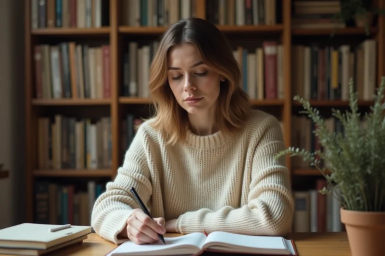 Femme écrivant avec soin dans un journal sur un bureau en bois entouré de livres de grammaire française