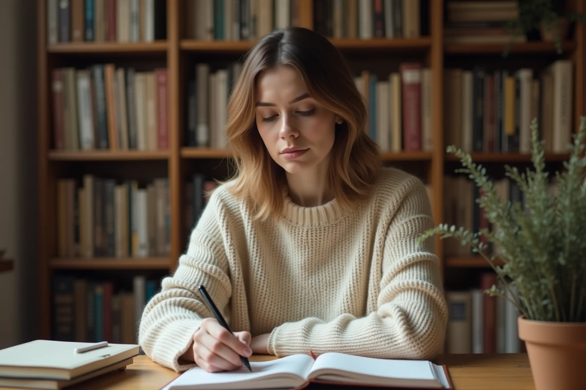 Femme écrivant avec soin dans un journal sur un bureau en bois entouré de livres de grammaire française