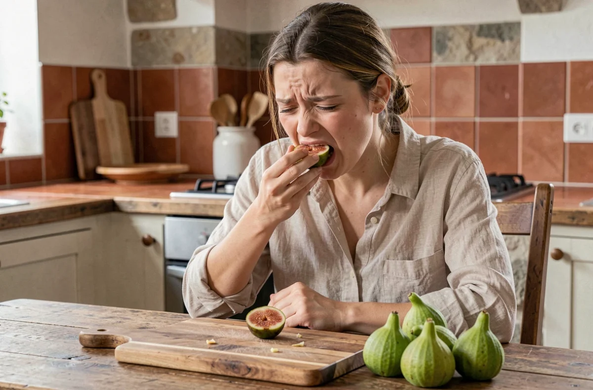 Femme ressentant un malaise après avoir mangé une figue verte non mûre dans une cuisine rustique