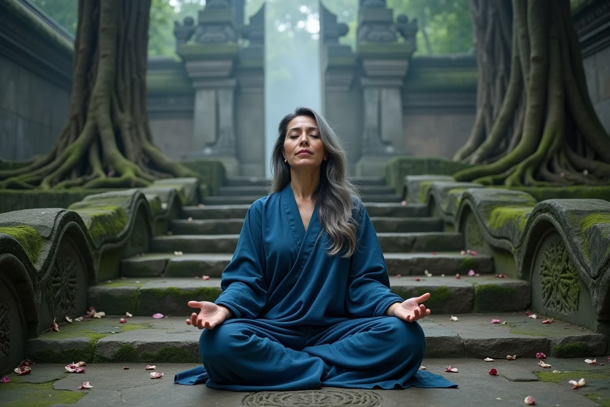 Femme en méditation profonde sur les marches d'un temple ancien entouré de brume mystique, symbolisant les mondes spirituels