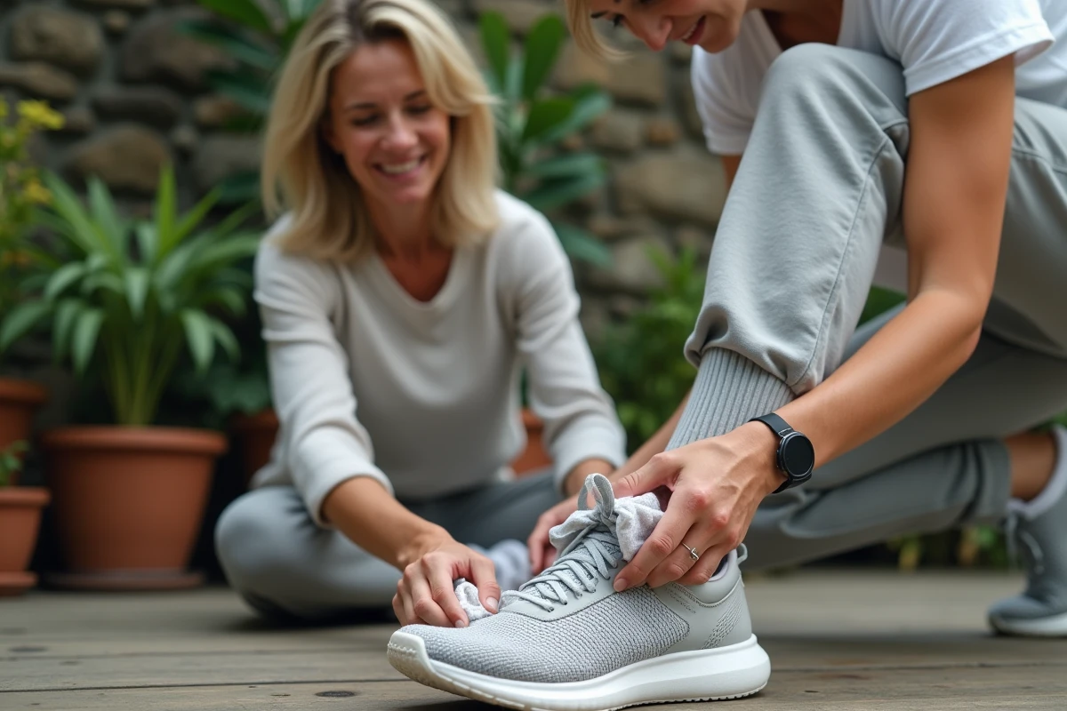 Femme nettoyant sa chaussure de sport dans un patio