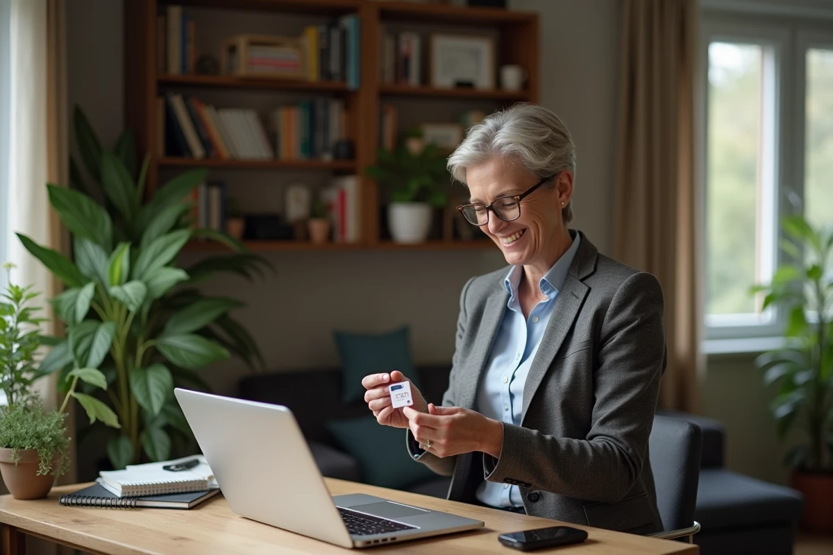 Femme souriante tenant une carte SD de navigation dans un bureau