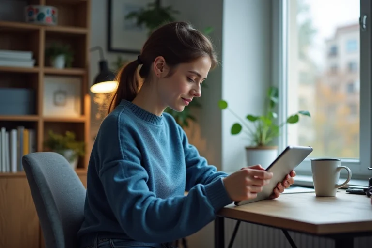 Jeune femme concentrée sur sa tablette dans un bureau cosy