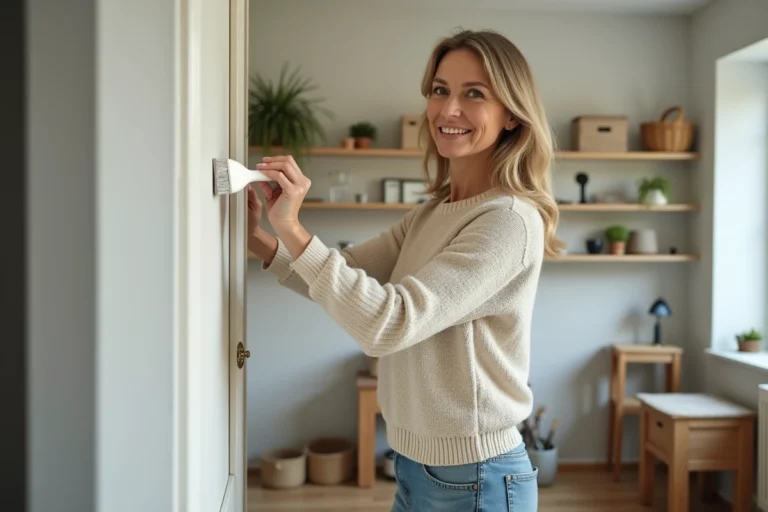 Femme peignant le cadre d'une fenêtre dans un salon rénové