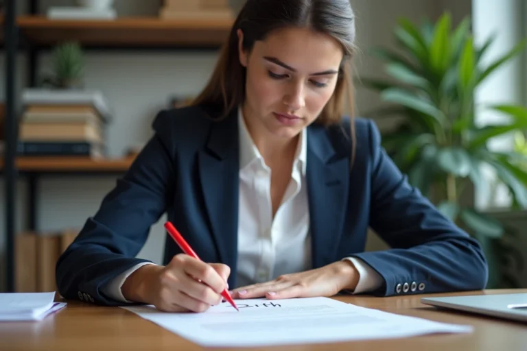 Femme professionnelle relisant un document en anglais