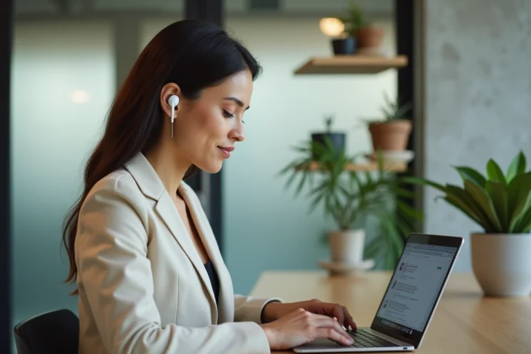 Femme professionnelle utilisant un ultrabook dans un bureau tech moderne aux murs en béton et plantes vertes