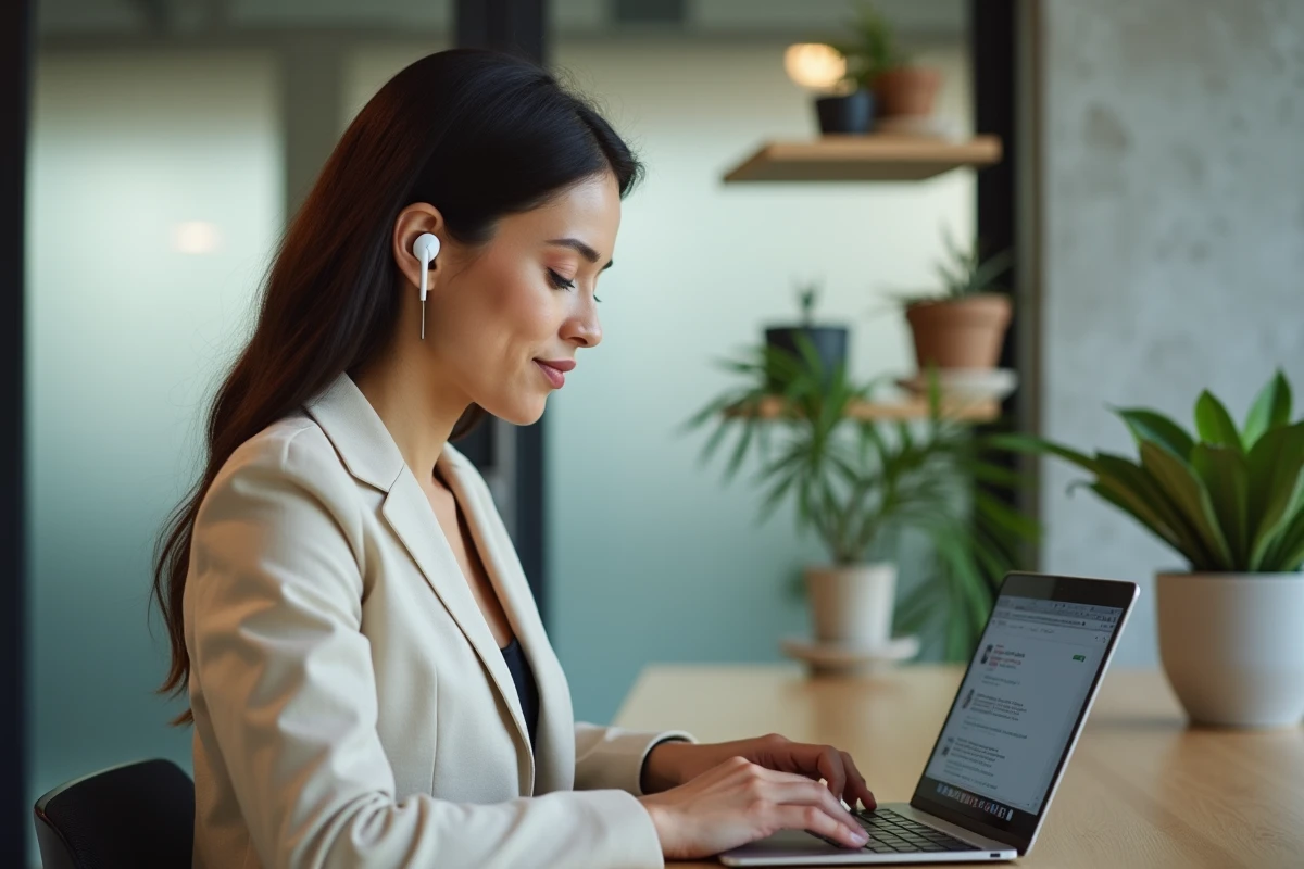 Femme professionnelle utilisant un ultrabook dans un bureau tech moderne aux murs en béton et plantes vertes