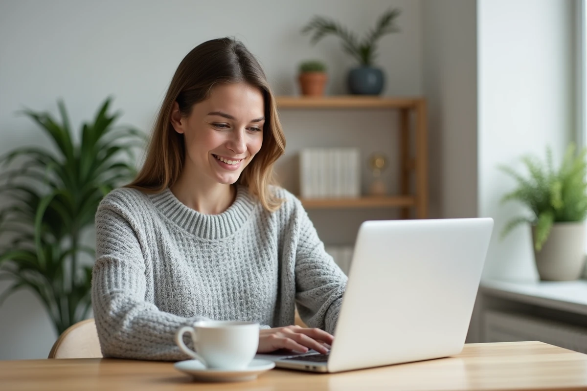 Femme cherchant un logement à louer sur une application immobilière depuis son bureau à domicile