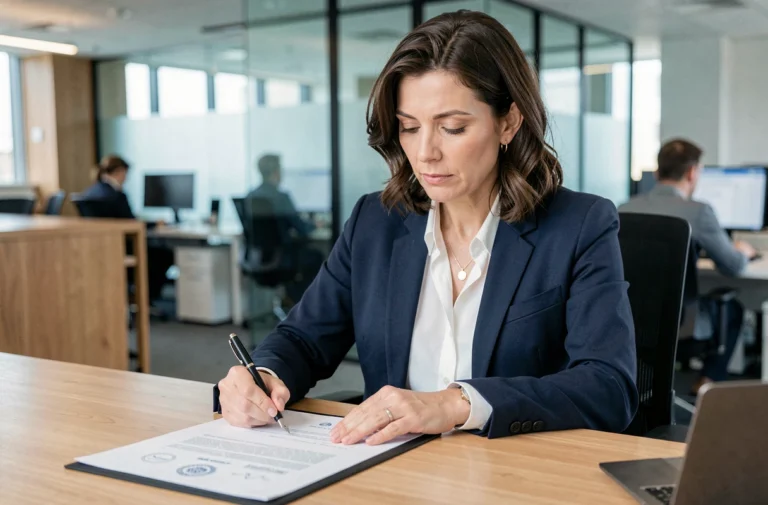 Femme professionnelle signant un contrat A500 dans un bureau moderne, représentant les démarches administratives et contractuelles en entreprise