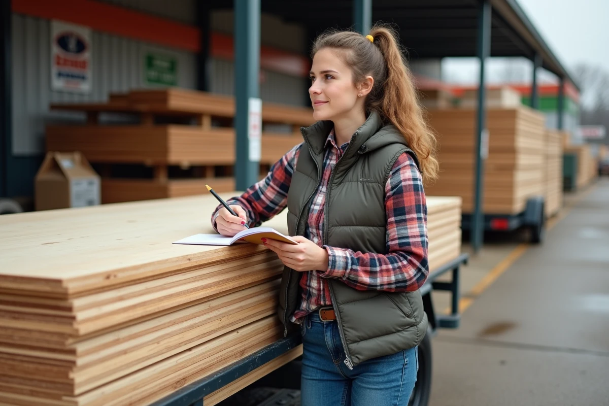 Jeune femme dans un yard à bois avec plywood et carnet