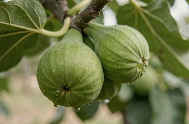 Figues non mûres vertes sur une branche de figuier avec du latex visible, dangereuses à consommer crues