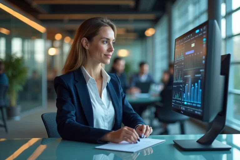 Professionnelle en entreprise utilisant un écran tactile pour accéder à des modules de formation numérique dans un bureau moderne en open space