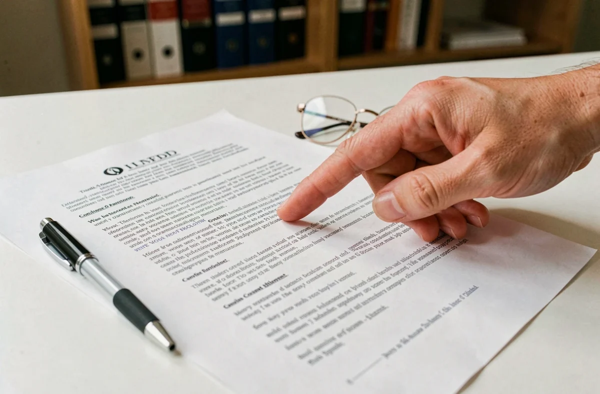 Gros plan sur un contrat A500 imprimé posé sur un bureau, avec un doigt pointant une clause et un stylo, illustrant la lecture et la compréhension des termes contractuels