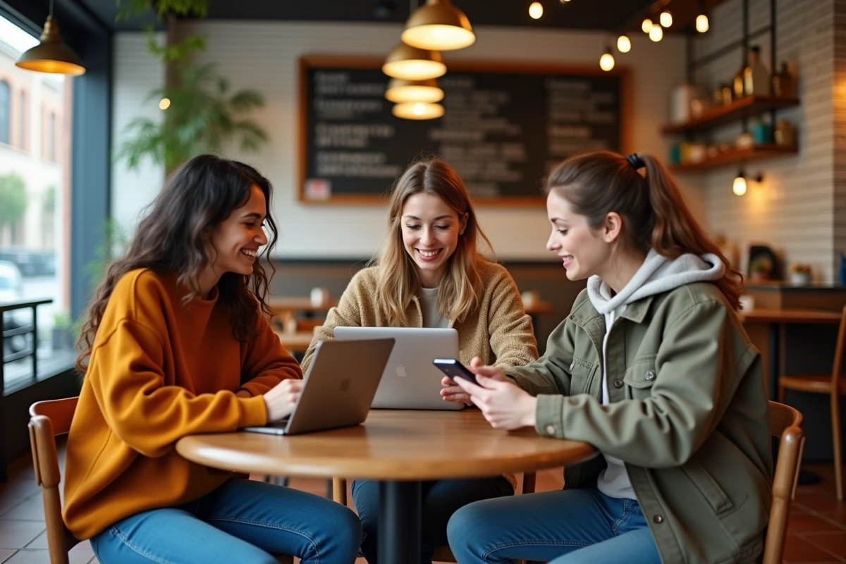 Groupe de jeunes professionnels collaborant sur tablette, ordinateur et smartphone dans un café urbain tendance